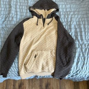 Ascend Quilted Two-Tone Hooded Shirt Jacket in Beige and Charcoal